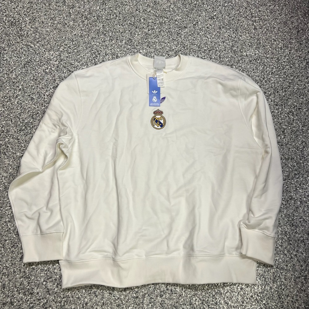 Adidas Real Madrid LFSTLR Pullover Sweatshirt Mens 2XL White Crewneck KC7789 NEW